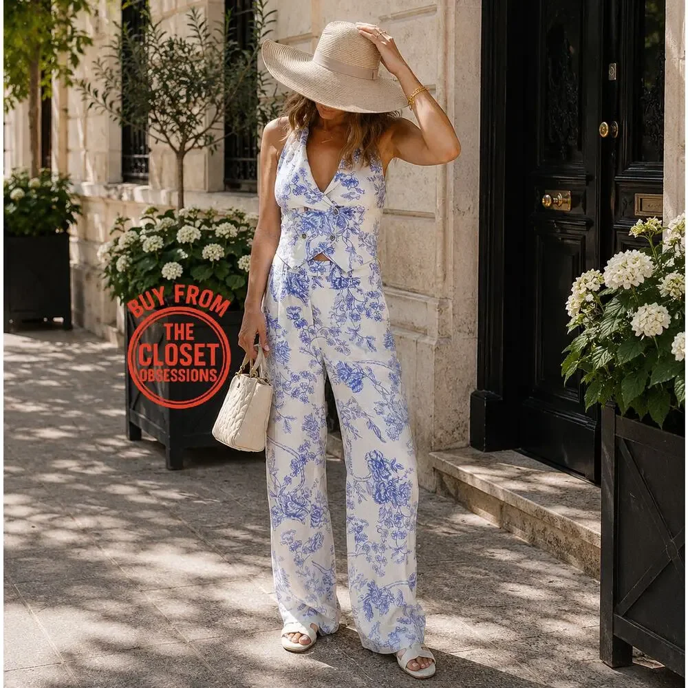 Mango NWT Blue White Linen Blend Halter Vest Wide Leg Pants Set L